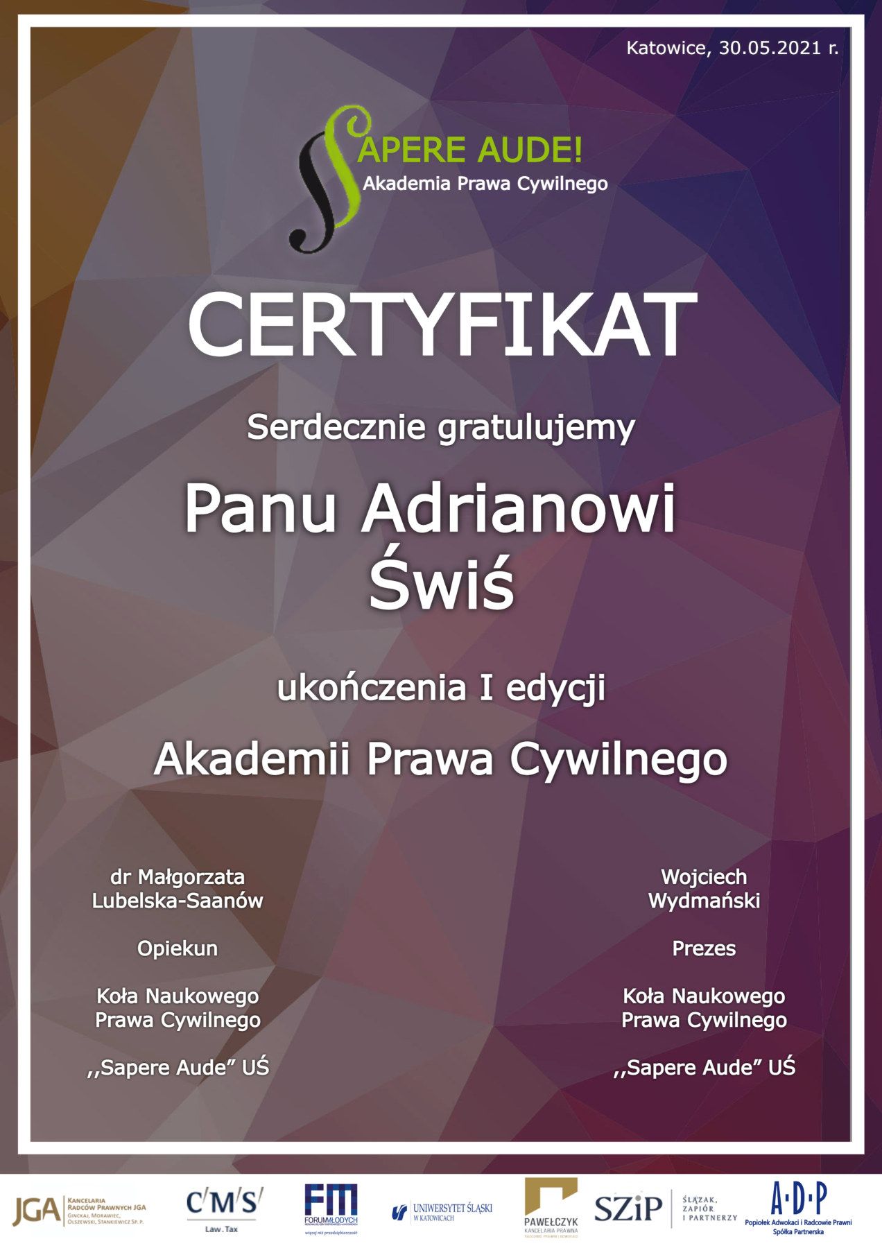 Certyfikat uczestnictwa: Akademia Prawa Cywilnego (I edycja)