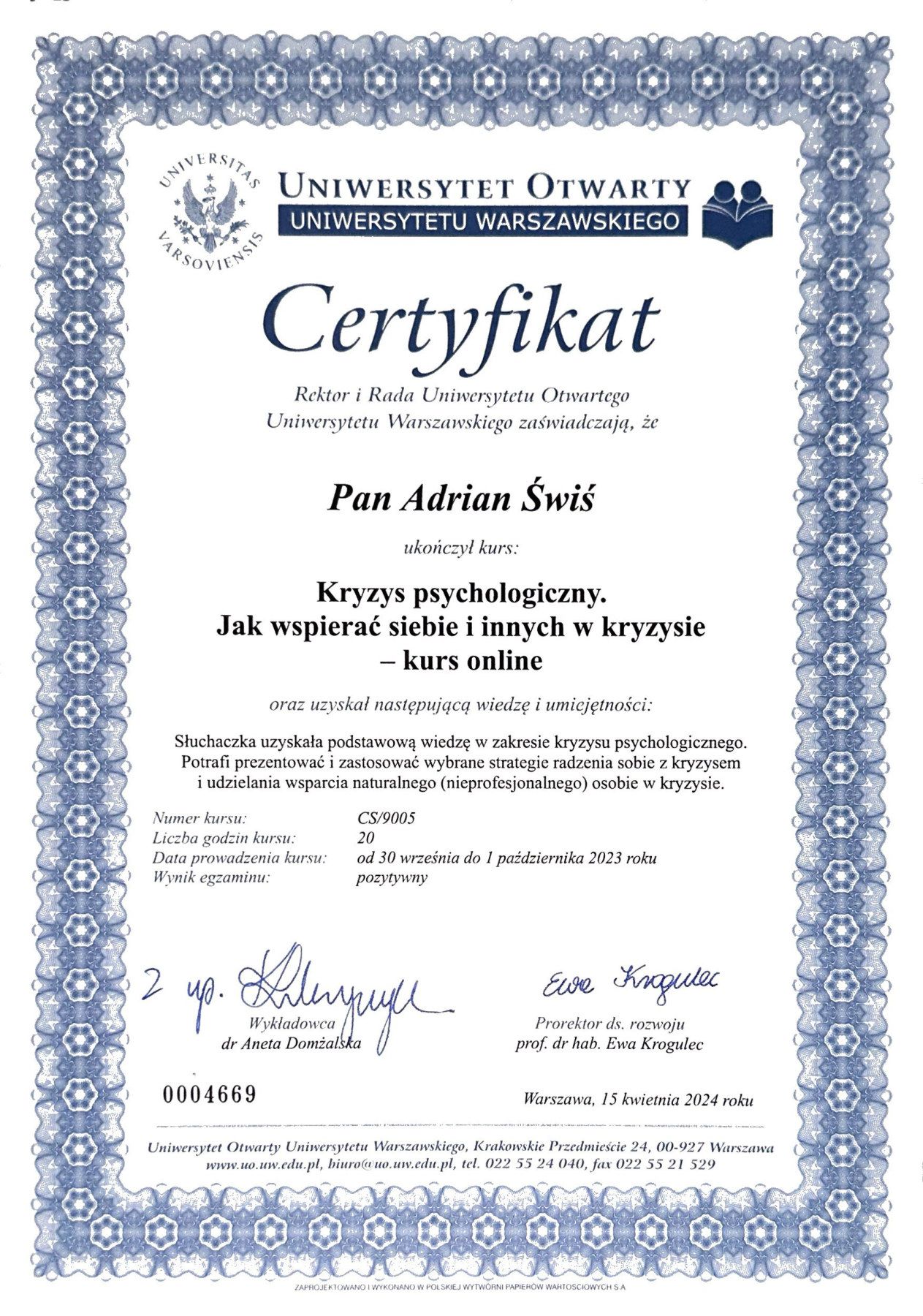 Certyfikat: „Kryzys psychologiczny. Jak wspierać siebie i innych w kryzysie” – kurs online