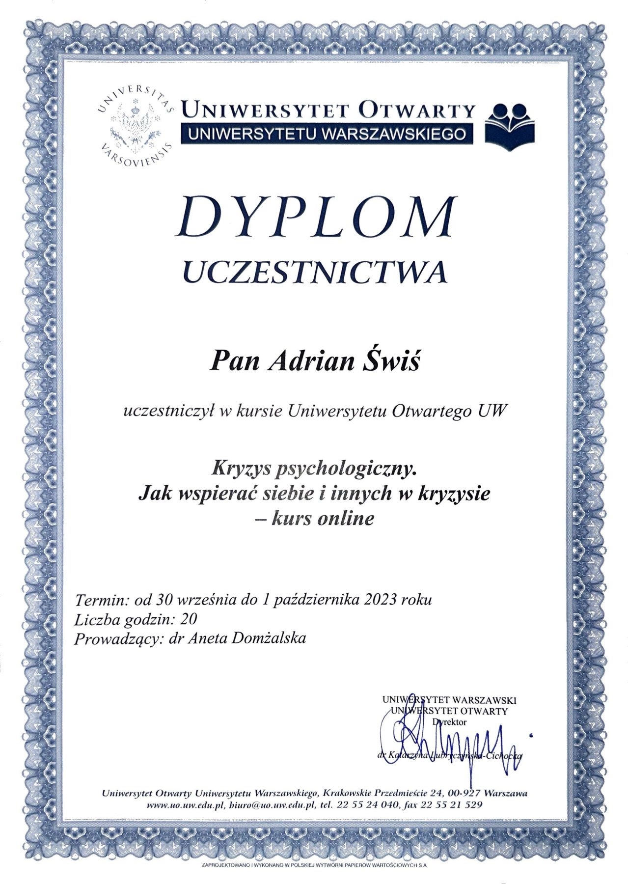 Dyplom uczestnictwa: „Kryzys psychologiczny. Jak wspierać siebie i innych w kryzysie” – kurs online