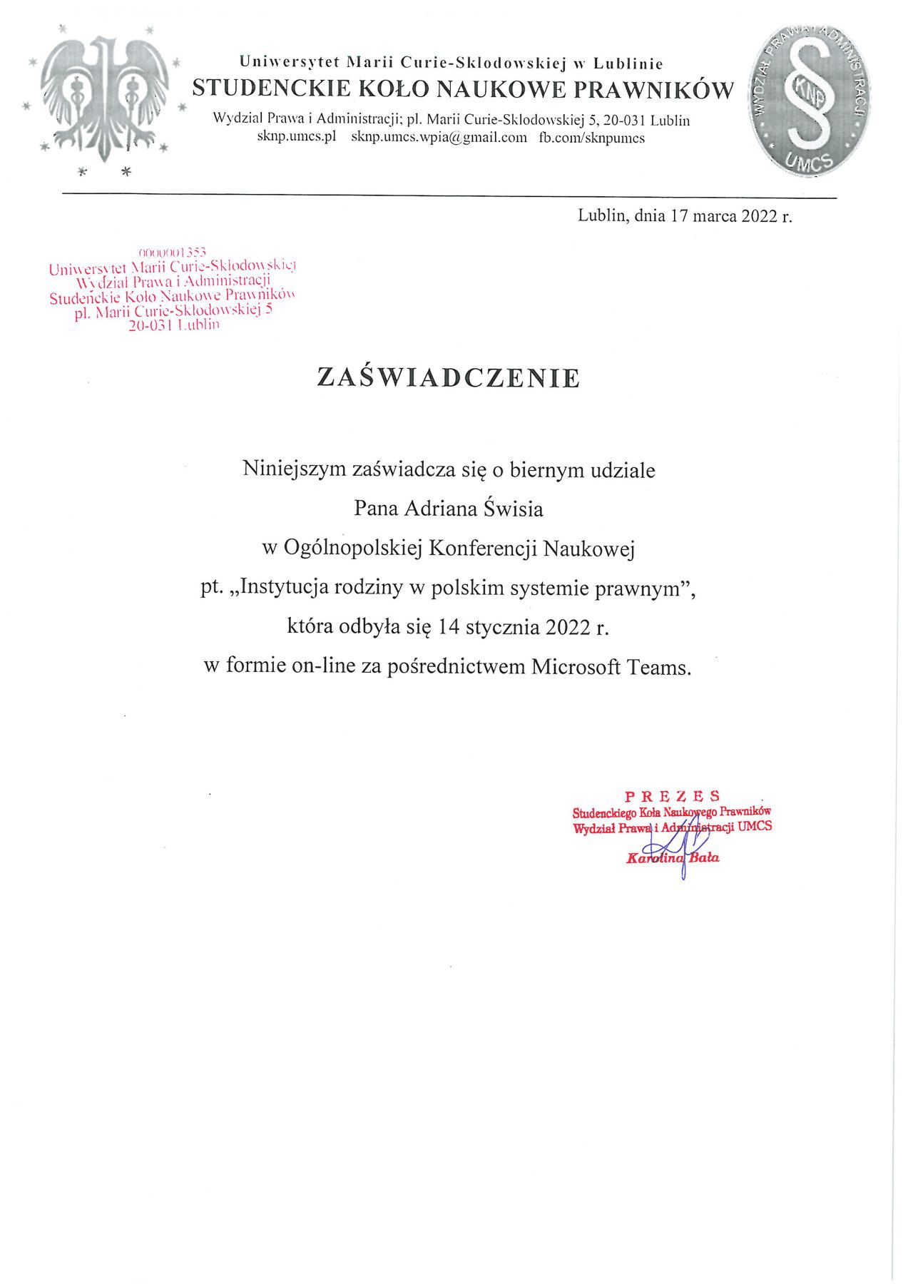 Certyfikat uczestnictwa: Ogólnopolska Konferencja Naukowa „Instytucja rodziny w polskim systemie prawnym”