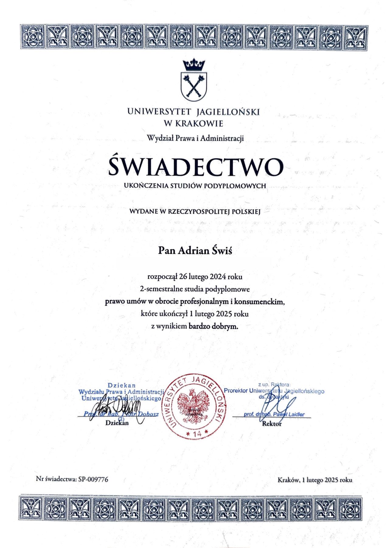 Świadectwo ukończenia studiów podyplomowych: Studia podyplomowe „Prawo umów w obrocie profesjonalnym i konsumenckim”
