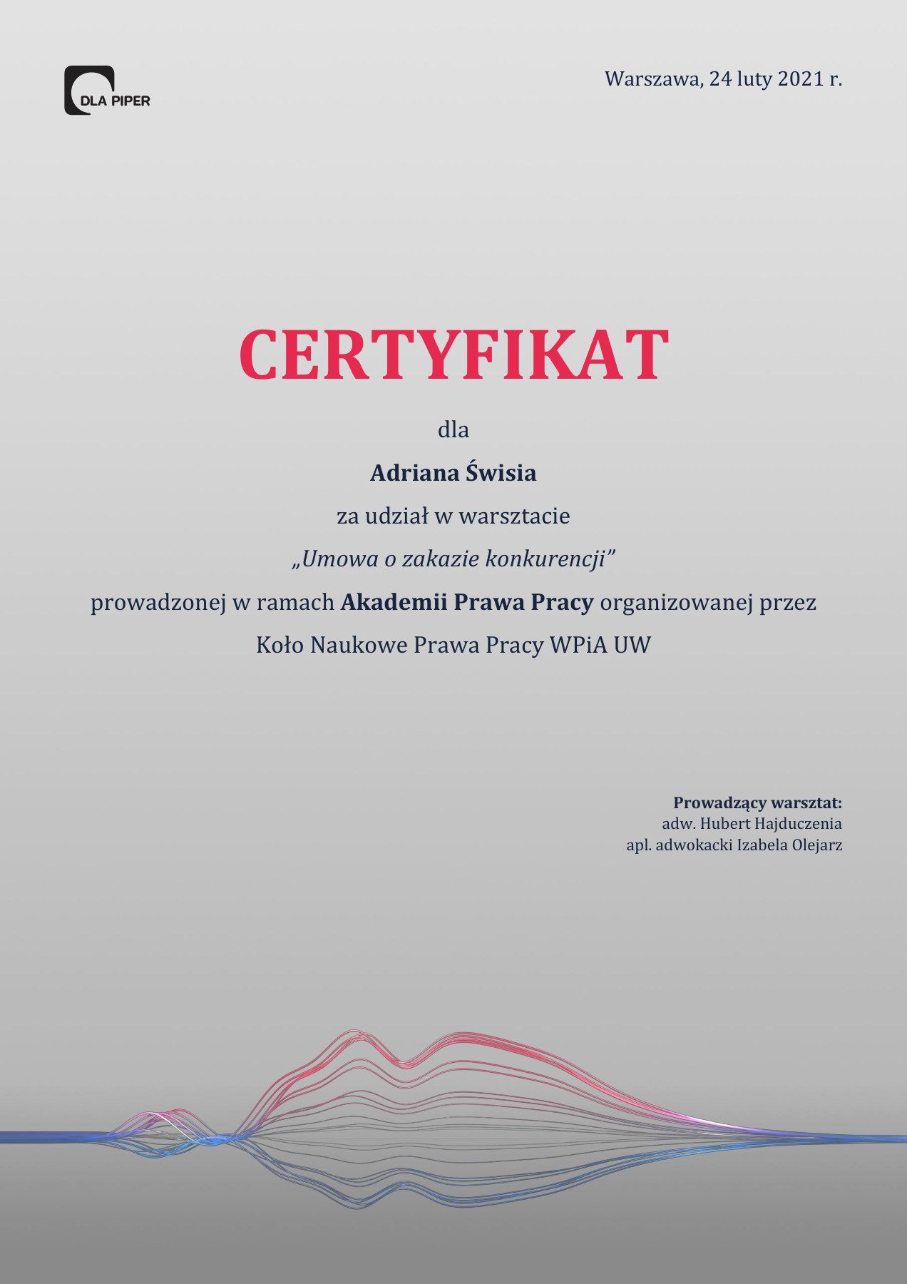 Certyfikat uczestnictwa: Warsztat „Umowa o zakazie konkurencji”