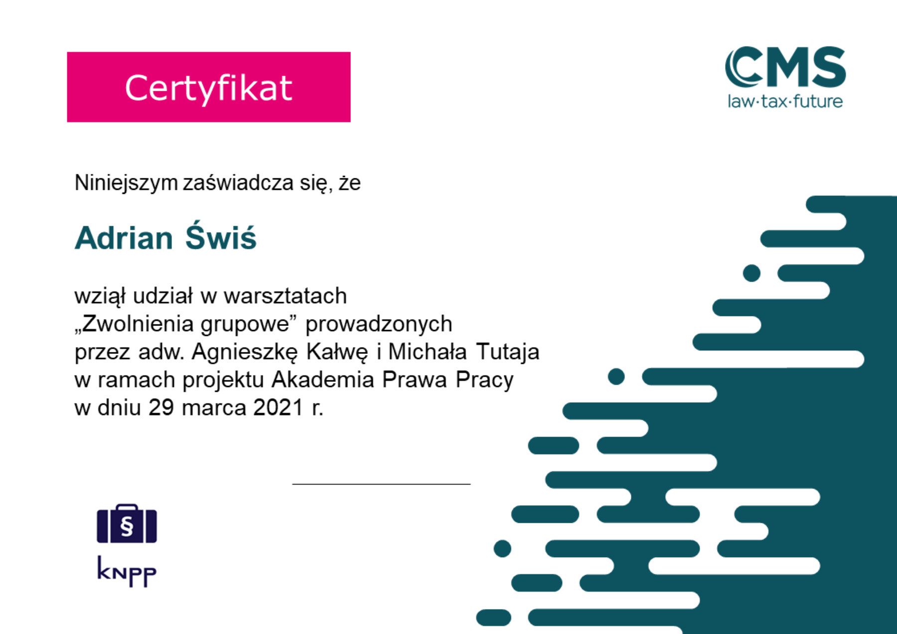 Certyfikat uczestnictwa: Warsztat „Zwolnienia grupowe”